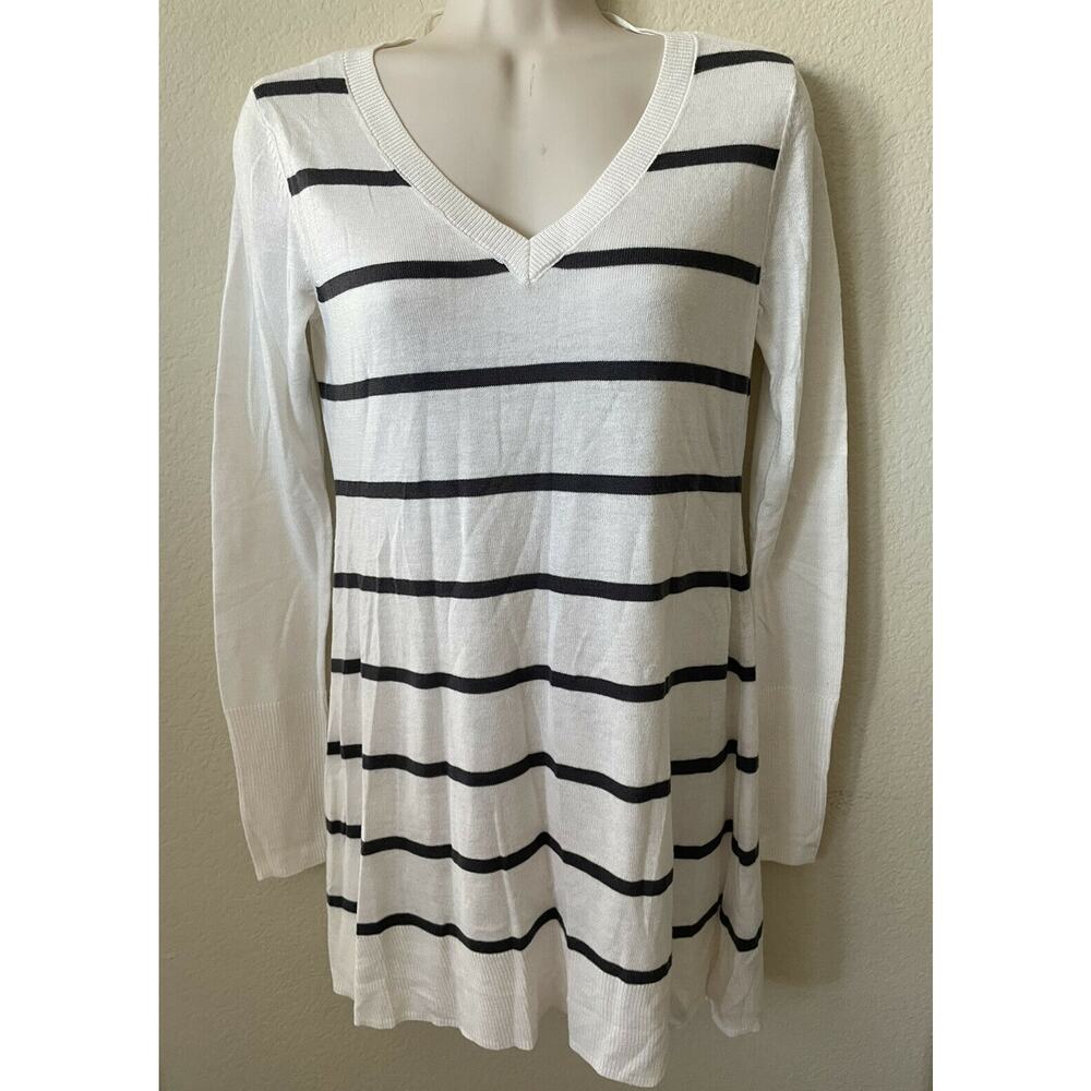 Apt. 9 Ivory Black Striped V Neck Long Sleeve Light Sweater Dress Size XS